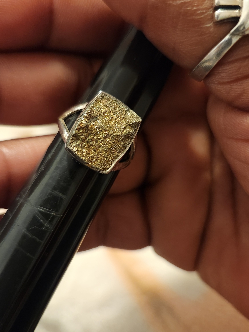 Gold Druzy Square Ring in Silver Setting